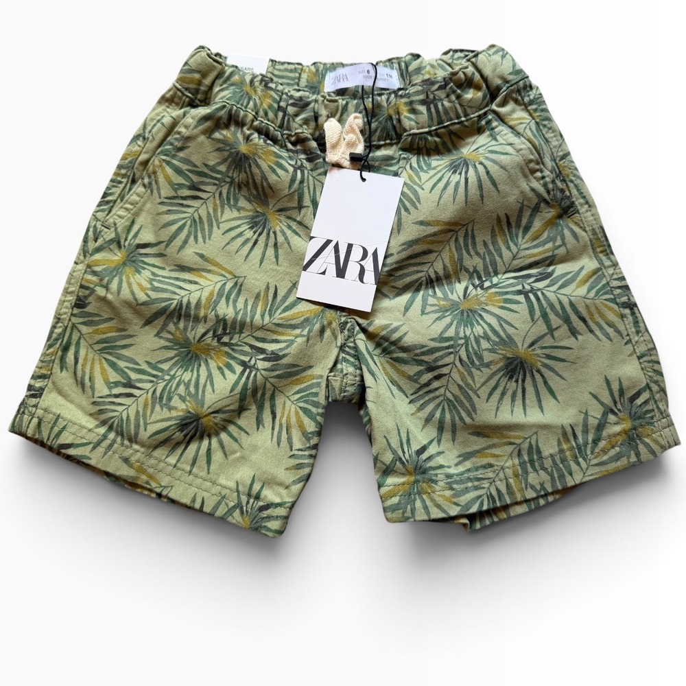Zara Kids Boys Green Palm Leaf Print Casual Shorts Elastic Waist Size 6 116cm